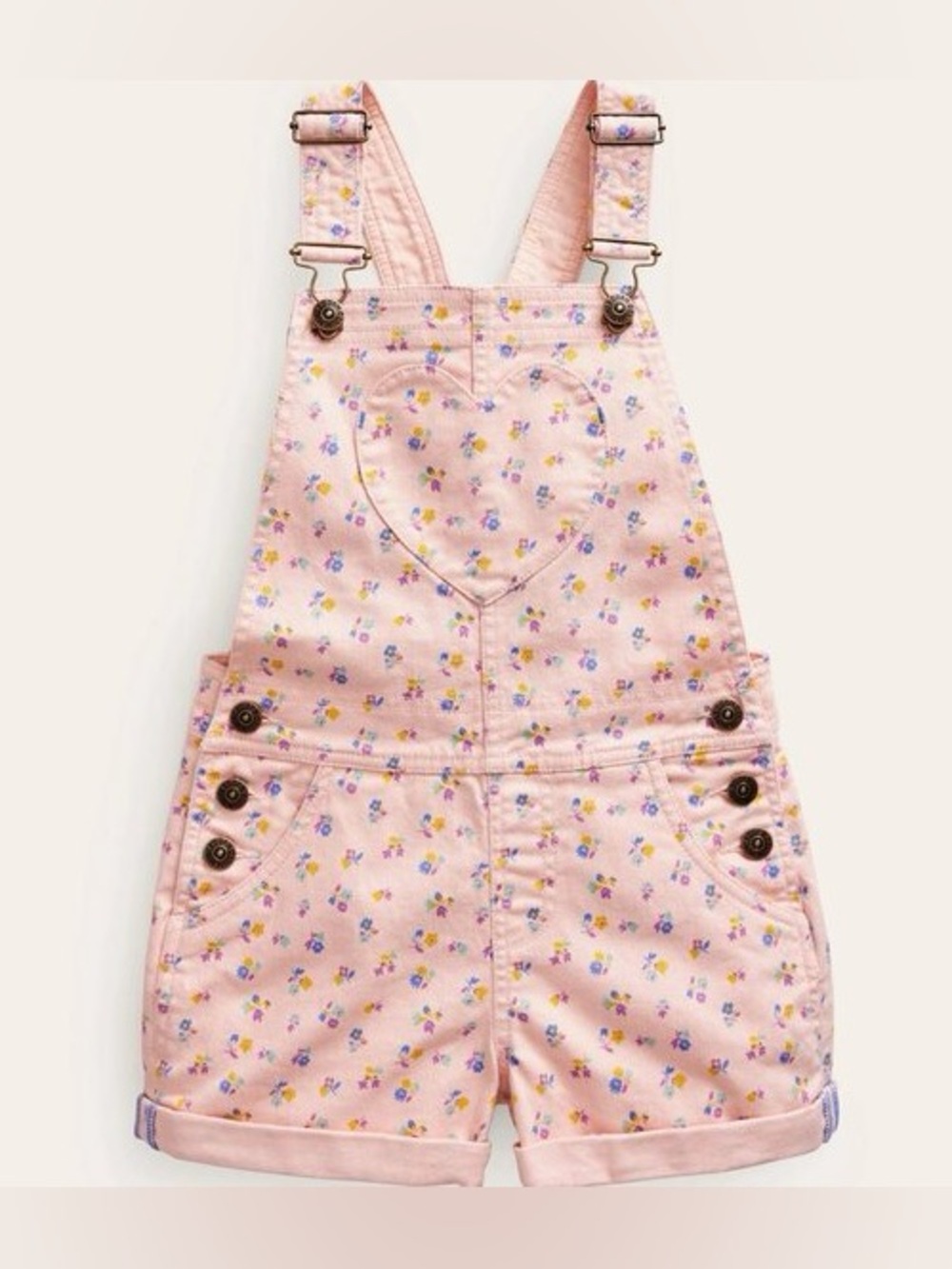 Mini Boden floral overalls Heart Pocket Shorts pastel peachy ditsy denim